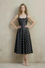 Abby Black Polka Dot Square Neck Ruched Midi Dress