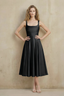 Abby Black Satin Square Neck Ruched Midi Dress