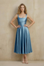 Abby Dusty Blue Satin Square Neck Ruched Midi Dress