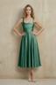 Abby Eucalyptus Satin Square Neck Ruched Midi Dress