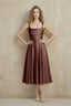 Front view of the LVLVS Abby mocha midi dress, showing the square neckline, wide straps, ruched waist and flared skirt.