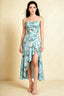 Front view of the LVLVS Ada blue floral midi dress, showing the draped neckline, thin straps and high-low ruffled skirt.