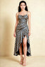 Front view of the LVLVS Ada brown leopard print midi dress, showing the draped neckline, thin straps and high-low ruffled skirt.