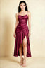 Front view of the LVLVS Ada burgundy midi dress, showing the draped neckline, thin straps and high-low ruffled skirt.