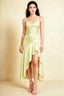 Front view of the LVLVS Ada butter yellow midi dress, showing the draped neckline, thin straps and high-low ruffled skirt.