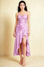 Front view of the LVLVS Ada candy pink midi dress, showing the draped neckline, thin straps and high-low ruffled skirt.
