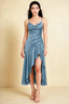Front view of the LVLVS Ada dusty blue midi dress, showing the draped neckline, thin straps and high-low ruffled skirt.