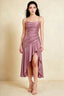 Front view of the LVLVS Ada dusty rose midi dress, showing the draped neckline, thin straps and high-low ruffled skirt.