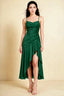 Front view of the LVLVS Ada emerald green midi dress, showing the draped neckline, thin straps and high-low ruffled skirt.