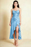 Front view of the LVLVS Ada haze blue midi dress, showing the draped neckline, thin straps and high-low ruffled skirt.