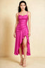Front view of the LVLVS Ada hot pink midi dress, showing the draped neckline, thin straps and high-low ruffled skirt.