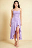Front view of the LVLVS Ada lilac midi dress, showing the draped neckline, thin straps and high-low ruffled skirt.
