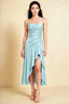 Front view of the LVLVS Ada mist midi dress, showing the draped neckline, thin straps and high-low ruffled skirt.