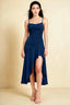 Front view of the LVLVS Ada navy midi dress, showing the draped neckline, thin straps and high-low ruffled skirt.