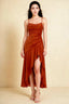 Front view of the LVLVS Ada paprika midi dress, showing the draped neckline, thin straps and high-low ruffled skirt.