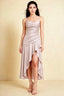 Front view of the LVLVS Ada powder pink midi dress, showing the draped neckline, thin straps and high-low ruffled skirt.