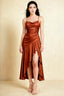 Front view of the LVLVS Ada rust midi dress, showing the draped neckline, thin straps and high-low ruffled skirt.