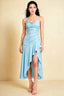 Front view of the LVLVS Ada sky blue midi dress, showing the draped neckline, thin straps and high-low ruffled skirt.