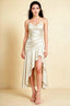 Front view of the LVLVS Ada white midi dress, showing the draped neckline, thin straps and high-low ruffled skirt.