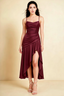 Ada Wine Satin High-Low Ruffled Midi Dress