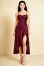Front view of the LVLVS Ada wine midi dress, showing the draped neckline, thin straps and high-low ruffled skirt.