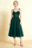 Front view of the LVLVS Adeline dark green midi dress, showing the sweetheart neckline, floral lace straps and flared layered skirt.