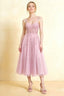 Front view of the LVLVS Adeline light pink midi dress, showing the sweetheart neckline, floral lace straps and flared layered skirt.