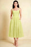 Front view of the LVLVS Alana lemon midi dress, showing the pearl-trimmed square neckline, shaped bodice and gathered full skirt.