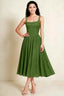 Front view of the LVLVS Alana olive midi dress, showing the pearl-trimmed square neckline, shaped bodice and gathered full skirt.