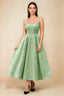 Alberta Sage Green Jacquard Square Neck Midi Dress with Pearl