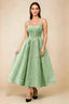 Front view of the LVLVS Alberta sage green midi dress, showing the pearl-trimmed square neckline, fitted bodice and full flared skirt.