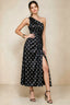 Front view of the LVLVS Alexa black polka dot midi dress, showing the one-shoulder neckline, gathered waist detail and thigh-high skirt slit.