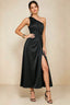 Front view of the LVLVS Alexa black midi dress, showing the one-shoulder neckline, gathered waist detail and thigh-high skirt slit.