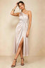 Front view of the LVLVS Alexa blush midi dress, showing the one-shoulder neckline, gathered waist detail and thigh-high skirt slit.