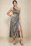 Front view of the LVLVS Alexa brown leopard print midi dress, showing the one-shoulder neckline, gathered waist detail and thigh-high skirt slit.