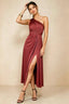 Front view of the LVLVS Alexa burnt umber midi dress, showing the one-shoulder neckline, gathered waist detail and thigh-high skirt slit.