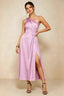 Front view of the LVLVS Alexa candy pink midi dress, showing the one-shoulder neckline, gathered waist detail and thigh-high skirt slit.
