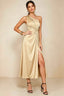 Front view of the LVLVS Alexa champagne midi dress, showing the one-shoulder neckline, gathered waist detail and thigh-high skirt slit.
