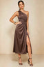 Front view of the LVLVS Alexa chocolate brown midi dress, showing the one-shoulder neckline, gathered waist detail and thigh-high skirt slit.