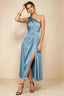 Front view of the LVLVS Alexa dusty blue midi dress, showing the one-shoulder neckline, gathered waist detail and thigh-high skirt slit.