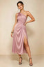 Front view of the LVLVS Alexa dusty rose midi dress, showing the one-shoulder neckline, gathered waist detail and thigh-high skirt slit.