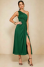 Alexa Emerald Green Satin One Shoulder Midi Dress with Slit