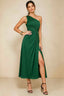 Front view of the LVLVS Alexa emerald green midi dress, showing the one-shoulder neckline, gathered waist detail and thigh-high skirt slit.