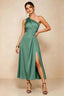 Front view of the LVLVS Alexa eucalyptus midi dress, showing the one-shoulder neckline, gathered waist detail and thigh-high skirt slit.