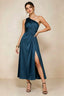 Front view of the LVLVS Alexa navy midi dress, showing the one-shoulder neckline, gathered waist detail and thigh-high skirt slit.