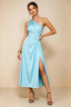 Alexa Sky Blue Satin One Shoulder Midi Dress with Slit