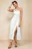 Front view of the LVLVS Alexa white midi dress, showing the one-shoulder neckline, gathered waist detail and thigh-high skirt slit.