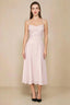 Front view of the LVLVS Alina blush midi dress, showing the draped neckline, thin shoulder straps and flowing flared skirt.