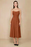 Front view of the LVLVS Alina burnt orange midi dress, showing the draped neckline, thin shoulder straps and flowing flared skirt.