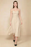 Front view of the LVLVS Alina champagne midi dress, showing the draped neckline, thin shoulder straps and flowing flared skirt.